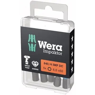 Autentický Bit Impaktor 1/4" DIN 3126 E6,3 vnitřní šestihran 6 x 50 mm balení 5 ks Wera