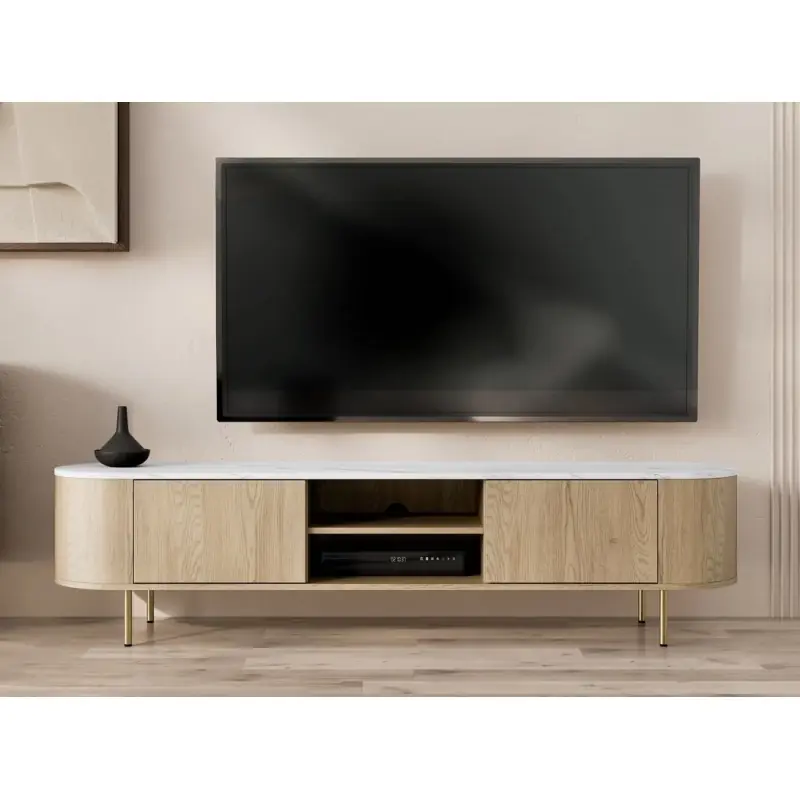 Značkový Široký TV stolek TANGIER - dub cremona / bílý mramor / zlatý