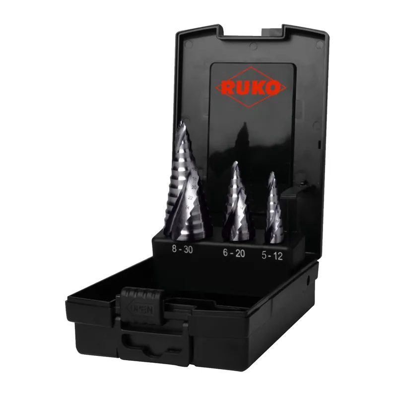 RUKO Sada stupňovitých vrtáků s břitem FLOWSTEP, povlak RUnaTEC HSS | 5-12, 6-20, 8-30 mm, plastový box Objednat Nyní