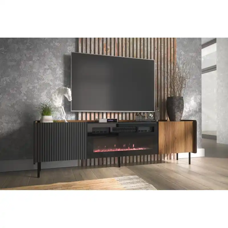 Must-Have TV stolek s elektrickým krbem ASHEBORO - ořech / san sebastian / černý