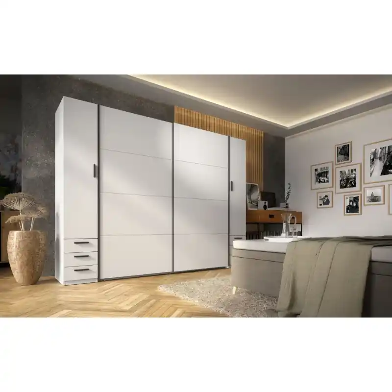 Velká šatní skříň 270 cm se šuplíky GIRADOT - bílá / černé úchyty Cenový Hit
