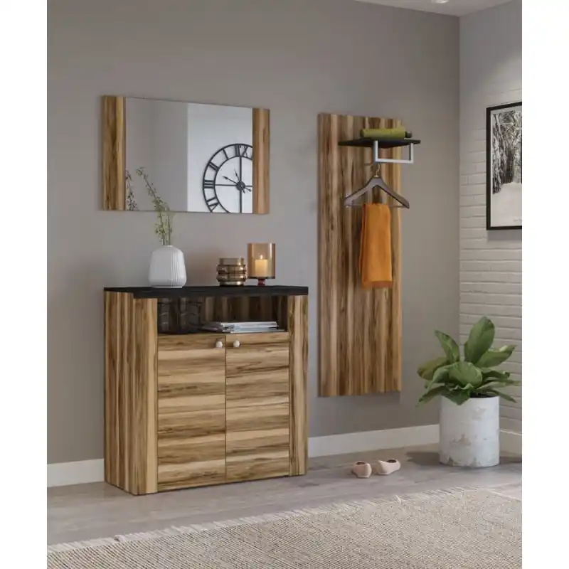 Pouze Dnes Stěna do předsíně se zrcadlem LEONOR 2 - satin nussbaum / touchwood