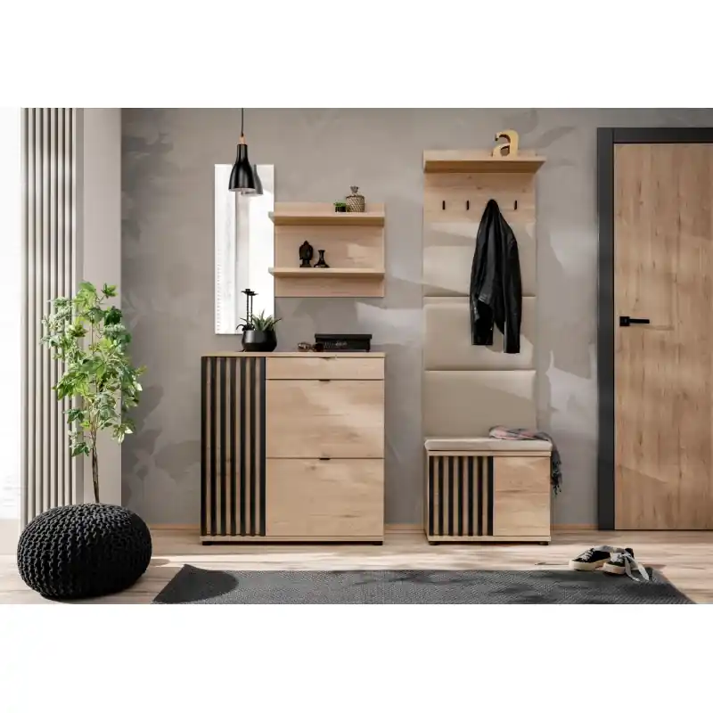 Autentický Stěna do předsíně FLORENCIA 4 s podsedákem - hickory jackson / černá