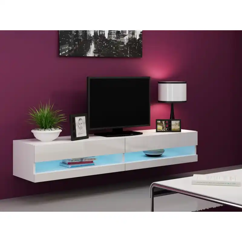 Zlevněný TV stolek s LED modrým osvětlením 180 cm ASHTON 1 - bílý / lesklý bílý