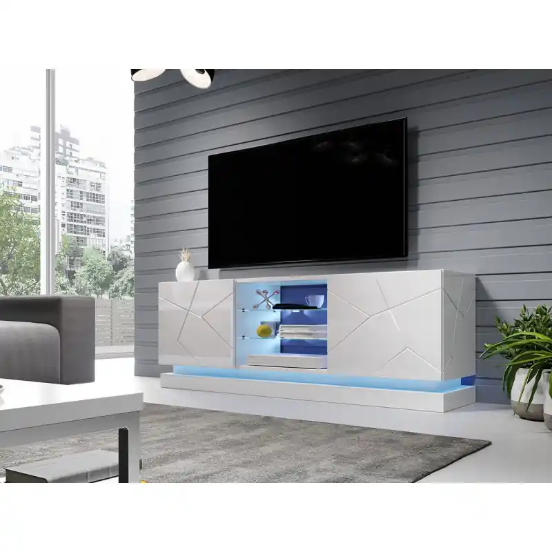 Značkový Televizní stolek s LED modrým osvětlením 160 cm LIMA - bílý / lesklý bílý