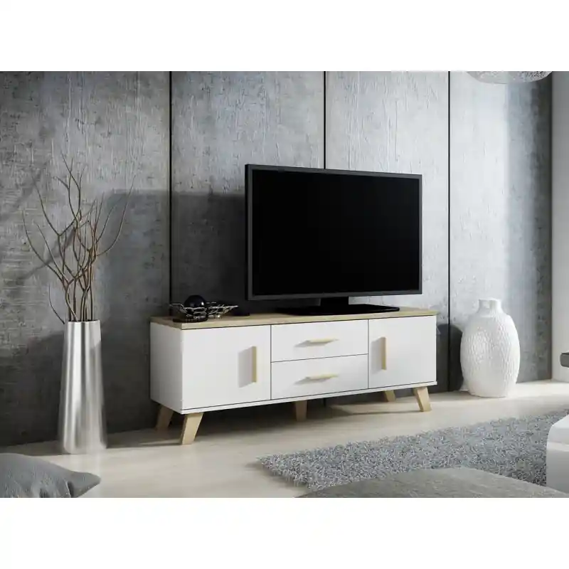 Značkový TV stolek 140 cm OLINA - dub sonoma / bílý