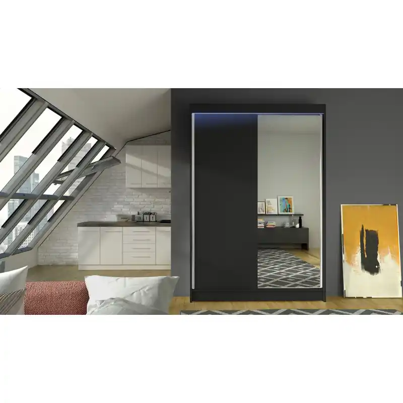 Akční Cena Posuvná šatní skříň 120 cm se zrcadlem a LED RGB osvětlením SAMANRE 1 - černá