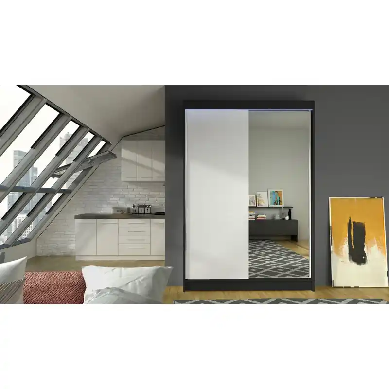 Akční Nabídka Posuvná šatní skříň 120 cm se zrcadlem a LED RGB osvětlením SAMANRE 1 - černá / bílá