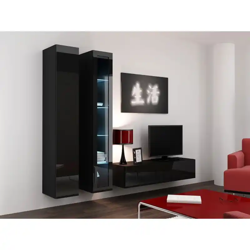 Aktuální Obývací stěna s LED bílým osvětlením ASHTON 10 - černá / lesklá černá
