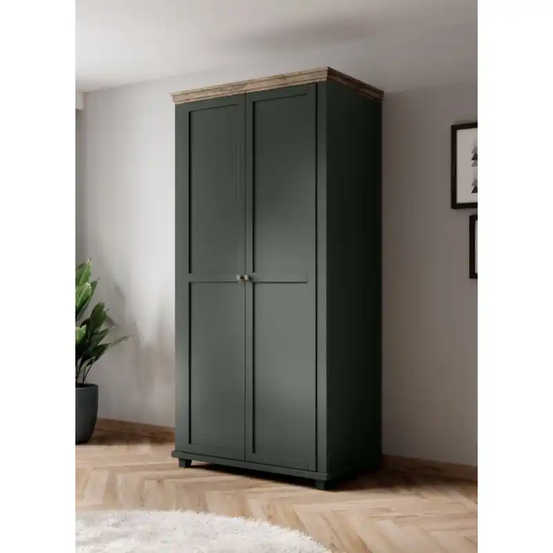 Dvoudveřová šatní skříň EROL - šířka 108 cm, dub lefkas / zelená Tovární Cena