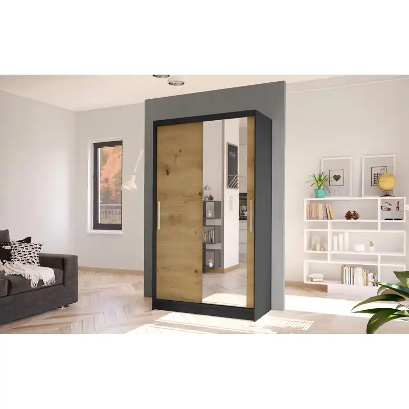 Moderní šatní skříň BRUNO 6 - šířka 100 cm, černá / dub artisan Víkendová Akce