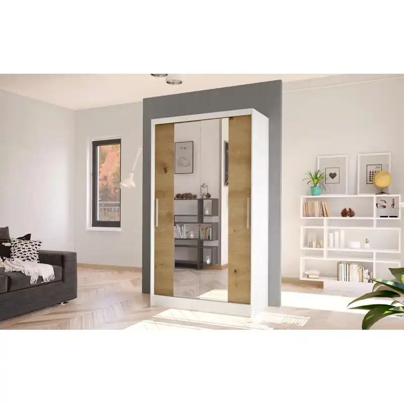 Moderní šatní skříň BRUNO 2 - šířka 100 cm, bílá / dub artisan Pouze Dnes