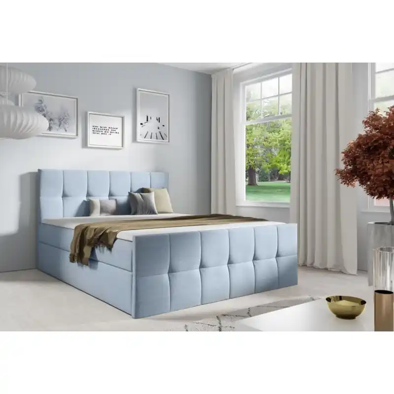 Akce Manželská postel CHLOE - 140x200, světle modrá + topper ZDARMA