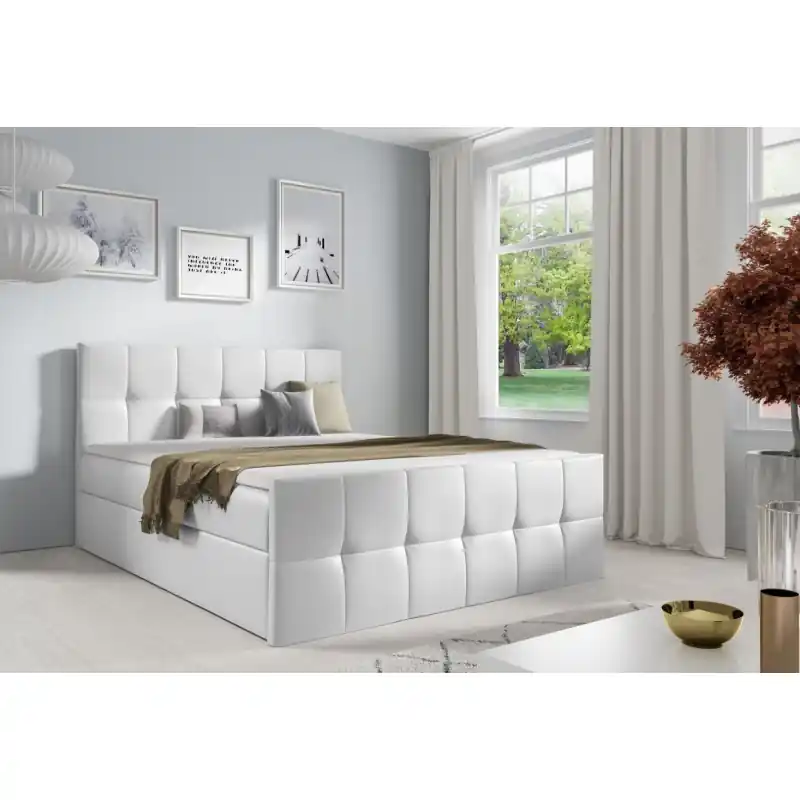 Značkový Manželská postel CHLOE - 140x200, bílá eko kůže + topper ZDARMA