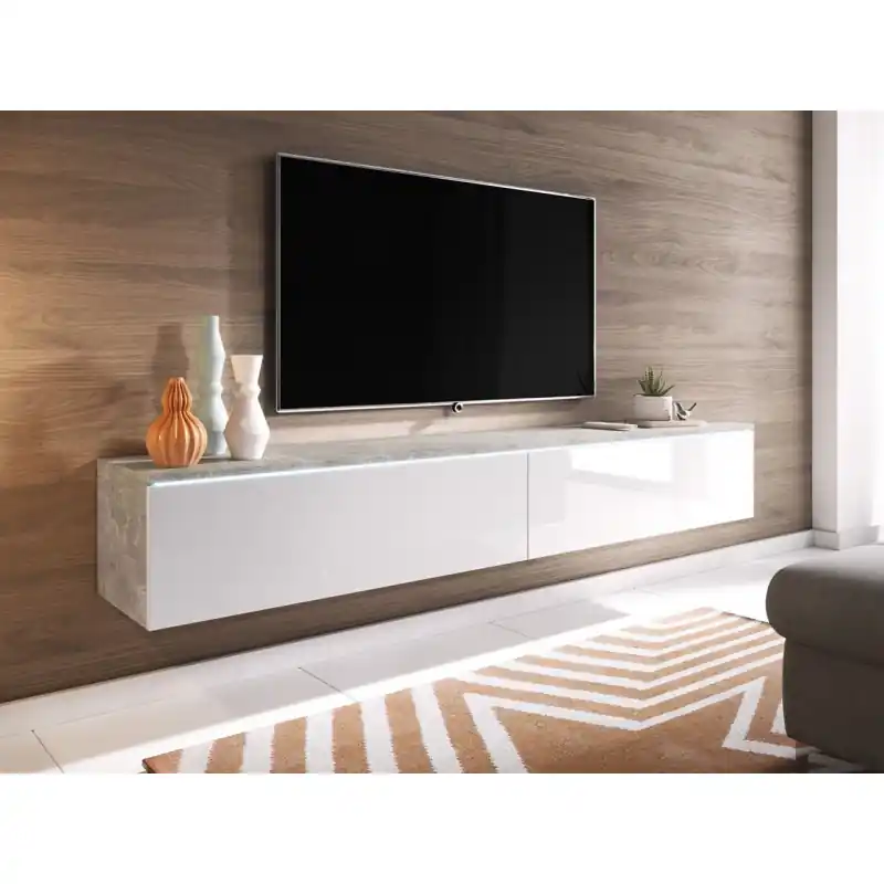 Zlevněný Televizní skříňka 180 cm WILLA D - beton / lesklá bílá