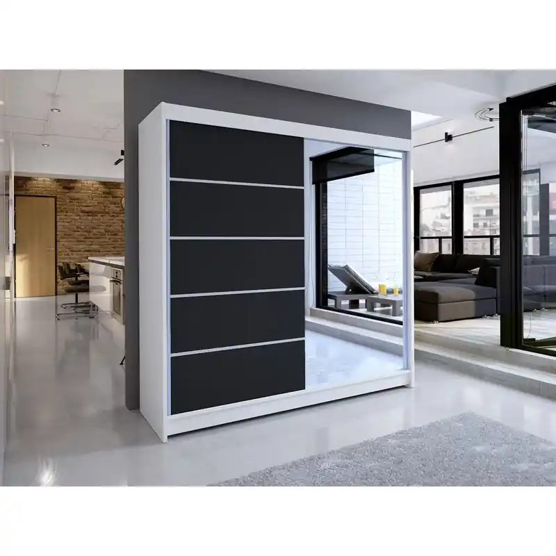 Zlevněný Šatní skříň 180 cm se zrcadlem a LED osvětlením VILMA 3 - bílá / černá