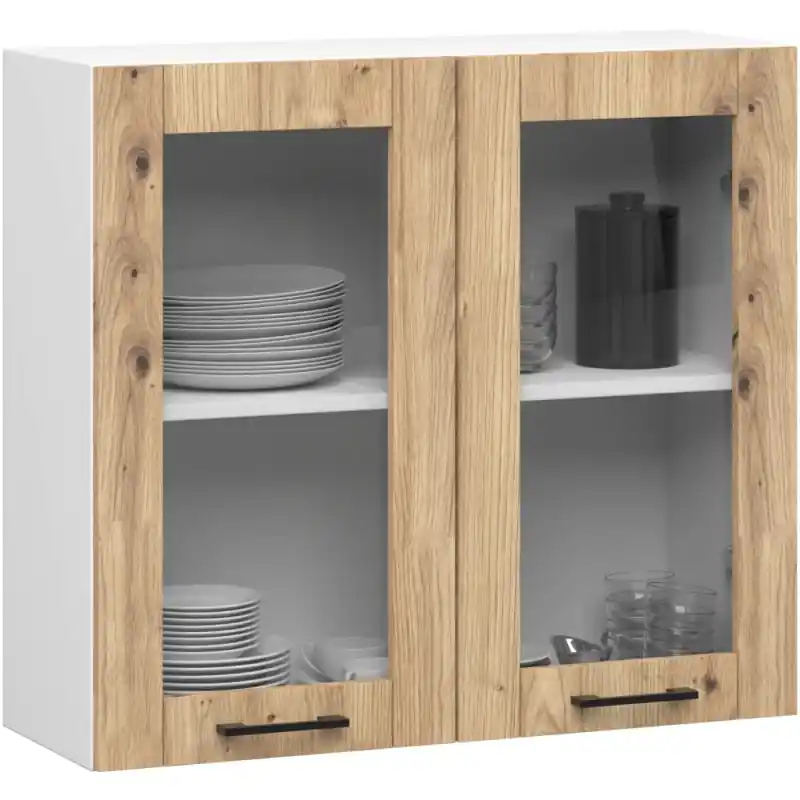 Akce Horní prosklená skříňka 80 cm VERMINA - bílá / dub artisan