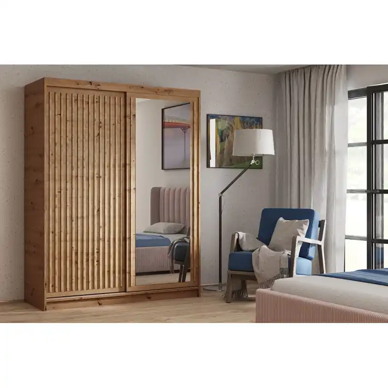 Víkendová Akce Šatní skříň s lamelami a zrcadlem 120 cm WARDERO - dub artisan