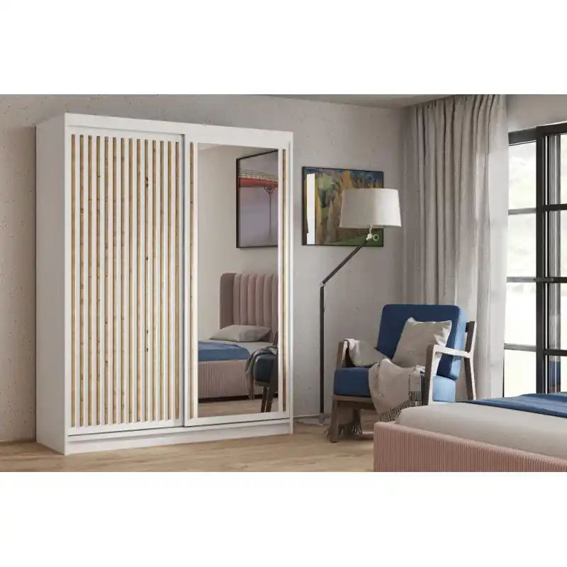 Horká Nabídka Šatní skříň s lamelami a zrcadlem 160 cm WARDERO - bílá / dub artisan