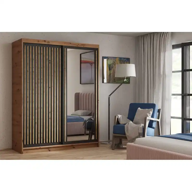 Finální Výprodej Šatní skříň s lamelami a zrcadlem 160 cm WARDERO - dub artisan / černá / dub artisan