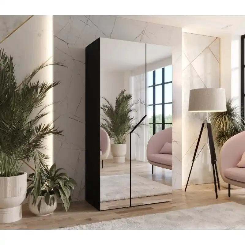 Šatní skříň 100 cm ELIRA 3 se zrcadlem - černá / černý úchyt Sezónní Sleva